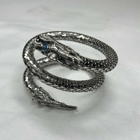 Silver Tone Mesh Coil Mesh Snake with Blue Crystal Eyes and Tail Bracelet - Picture 3 of 9